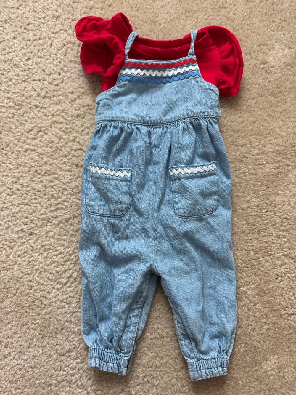 Red & Light Blue Denim Toddler Overalls Set